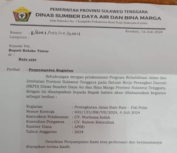 Jalur Raterate-Polia Segera Diaspal, Dinas SDA Koltim Surati Bupati